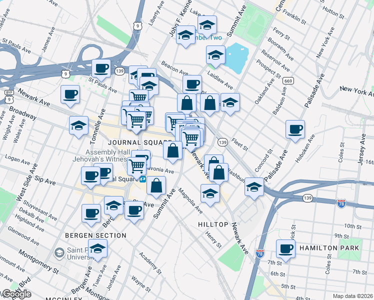 map of restaurants, bars, coffee shops, grocery stores, and more near 564-580 Summit Avenue in Jersey City