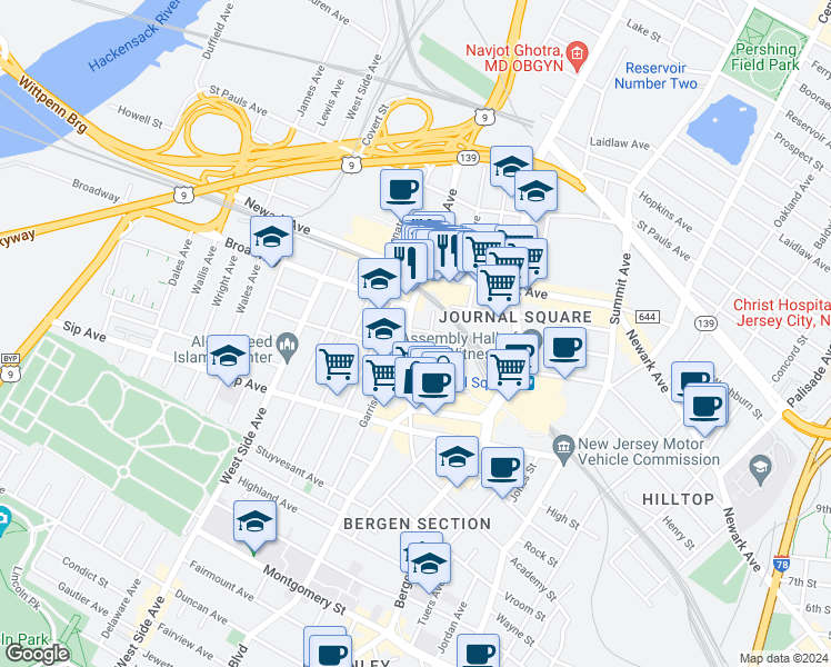 map of restaurants, bars, coffee shops, grocery stores, and more near 92 Tonnelle Avenue in Jersey City