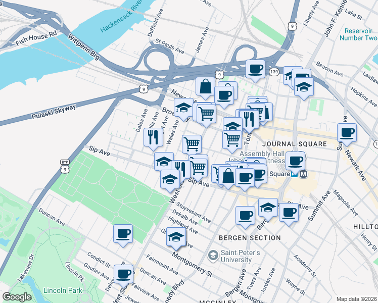 map of restaurants, bars, coffee shops, grocery stores, and more near 1020 West Side Avenue in Jersey City