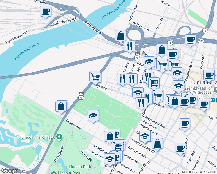 map of restaurants, bars, coffee shops, grocery stores, and more near 352 Freeman Avenue in Jersey City