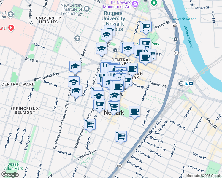 map of restaurants, bars, coffee shops, grocery stores, and more near in Newark