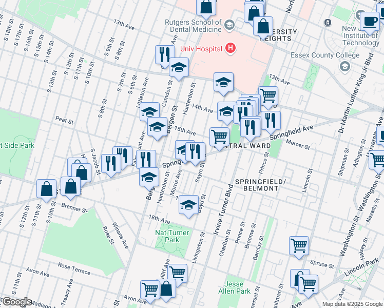 map of restaurants, bars, coffee shops, grocery stores, and more near 326 Springfield Avenue in Newark