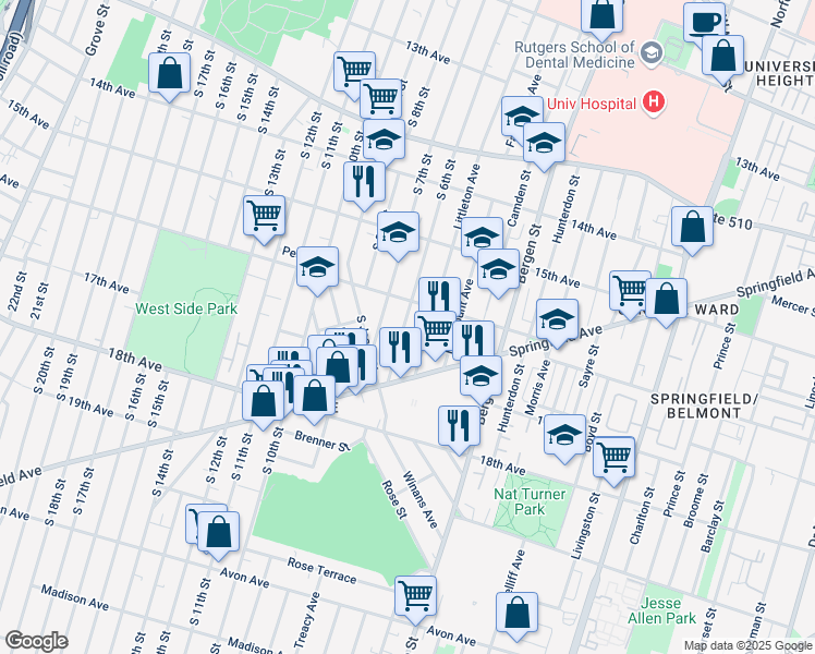 map of restaurants, bars, coffee shops, grocery stores, and more near 394 South 6th Street in Newark