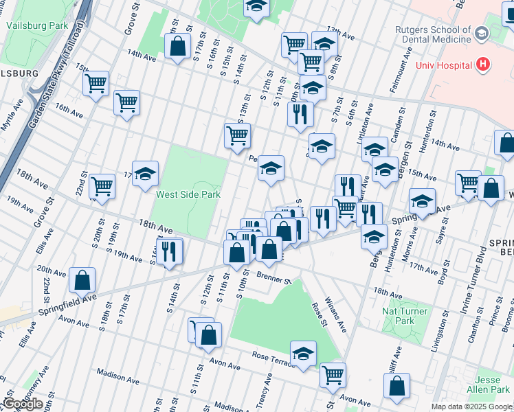 map of restaurants, bars, coffee shops, grocery stores, and more near 12 Belgium Street in Newark
