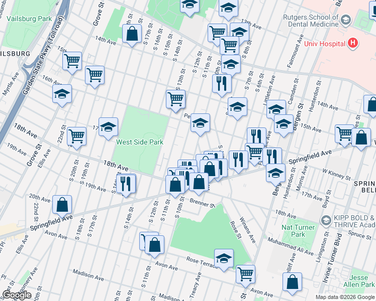 map of restaurants, bars, coffee shops, grocery stores, and more near 12 Belgium Street in Newark