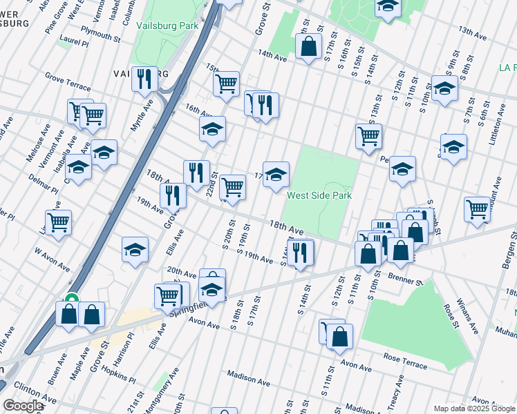 map of restaurants, bars, coffee shops, grocery stores, and more near 649 South 18th Street in Newark