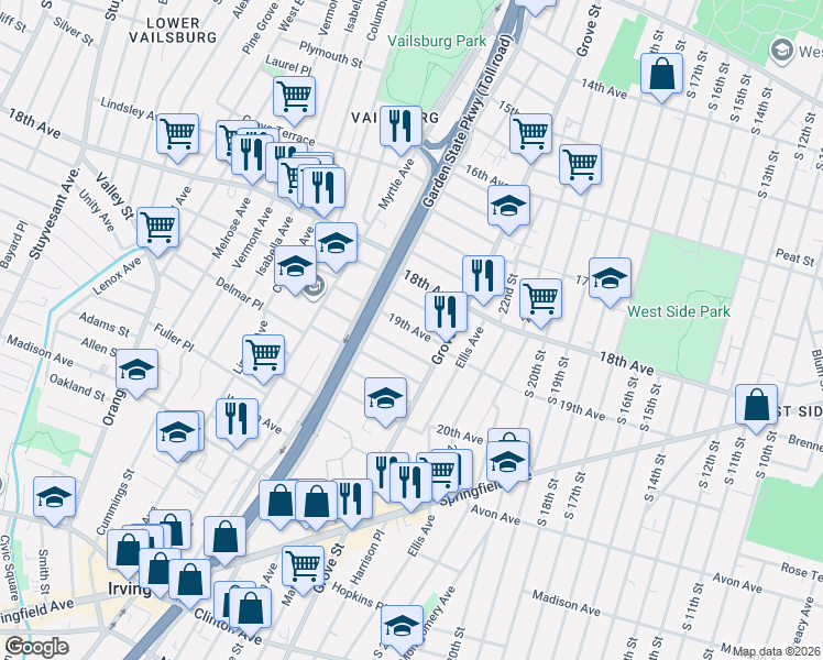 map of restaurants, bars, coffee shops, grocery stores, and more near 211 19th Avenue in Irvington