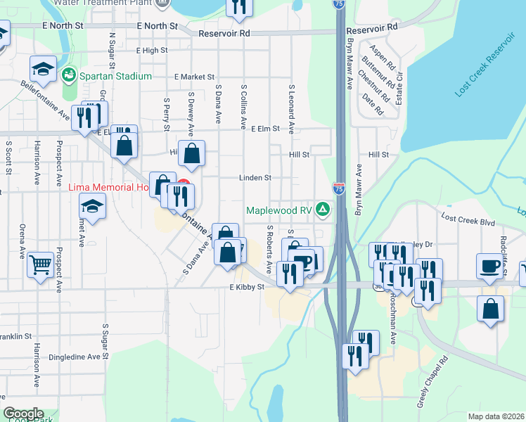 map of restaurants, bars, coffee shops, grocery stores, and more near 511 South Collins Avenue in Lima