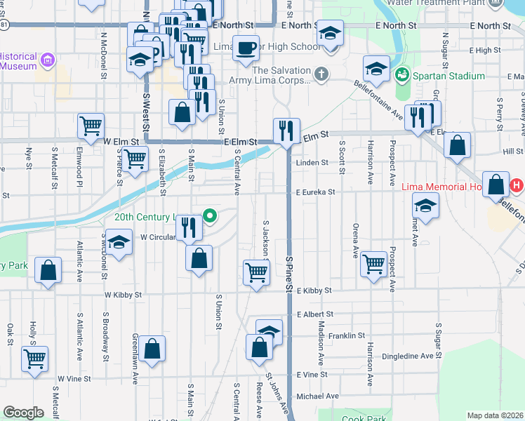 map of restaurants, bars, coffee shops, grocery stores, and more near 330 South Jackson Street in Lima