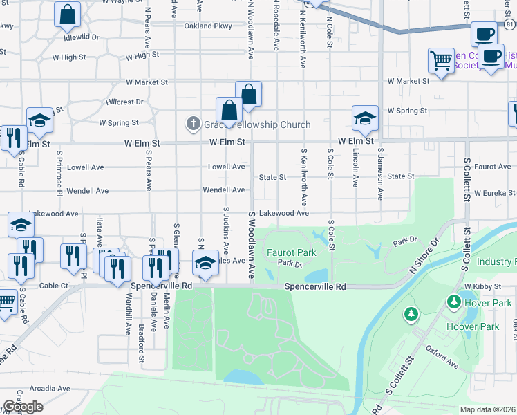 map of restaurants, bars, coffee shops, grocery stores, and more near 1724 Lakewood Avenue in Lima