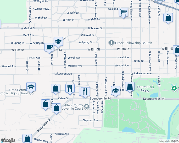 map of restaurants, bars, coffee shops, grocery stores, and more near 2206 Lakewood Avenue in Lima