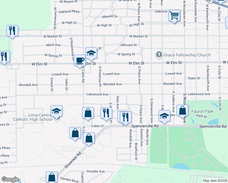 map of restaurants, bars, coffee shops, grocery stores, and more near 2364 Lakewood Ave in Lima