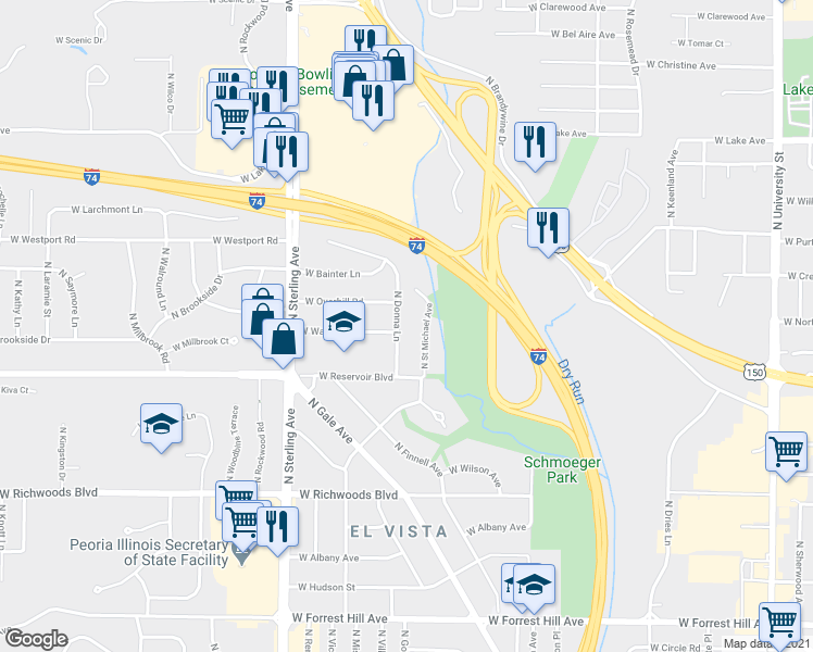 map of restaurants, bars, coffee shops, grocery stores, and more near 3809 North Street Michael Avenue in Peoria