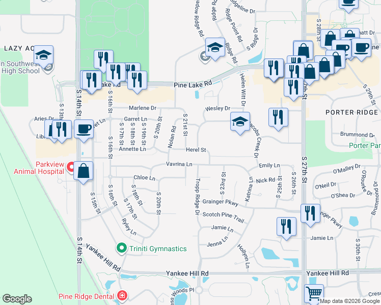map of restaurants, bars, coffee shops, grocery stores, and more near 2137 Herel Street in Lincoln