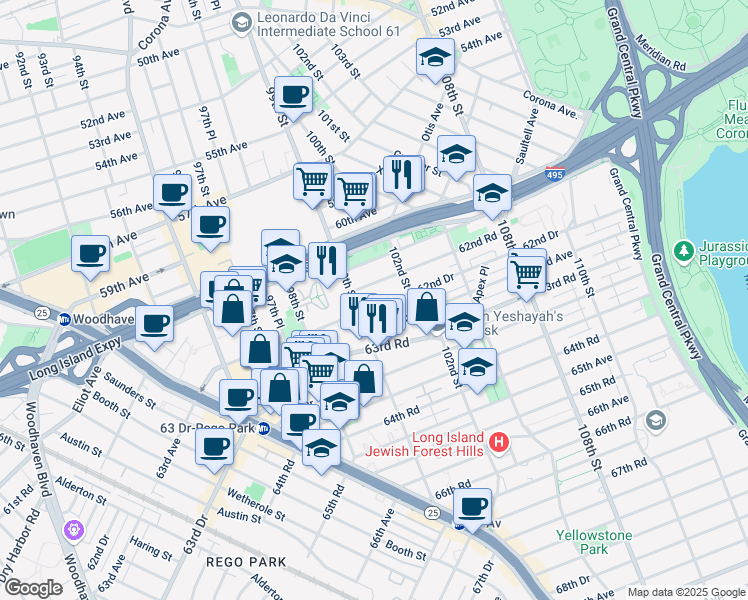 map of restaurants, bars, coffee shops, grocery stores, and more near 99-17 62nd Drive in Queens