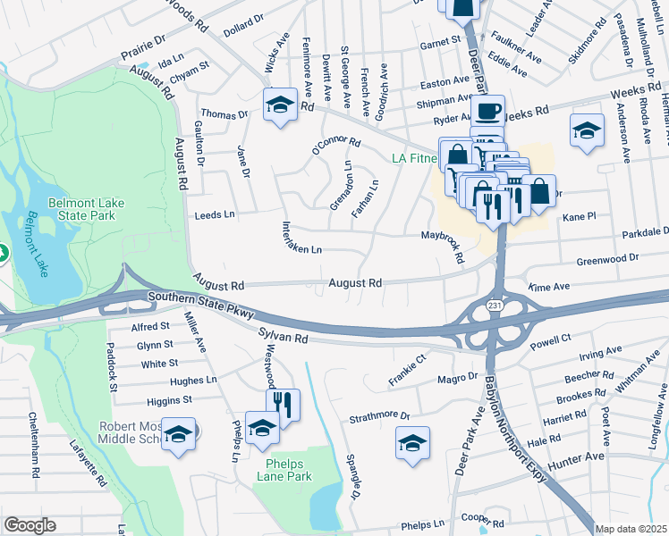 map of restaurants, bars, coffee shops, grocery stores, and more near in North Babylon