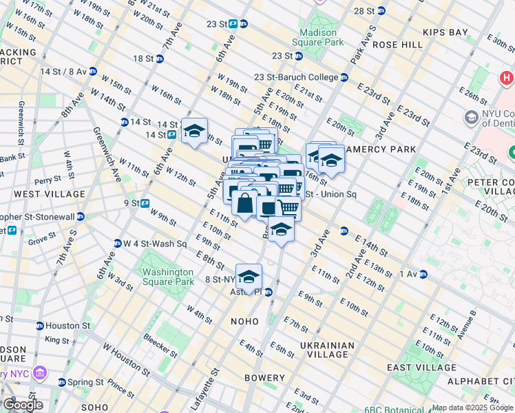 map of restaurants, bars, coffee shops, grocery stores, and more near 52 East 13th Street in New York