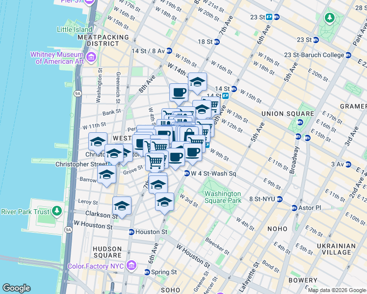 map of restaurants, bars, coffee shops, grocery stores, and more near in New York