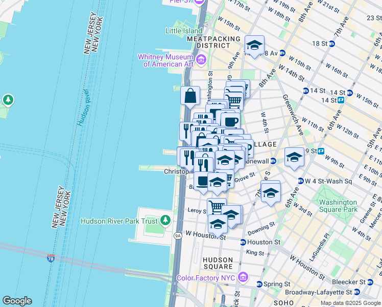 map of restaurants, bars, coffee shops, grocery stores, and more near 410 West Street in New York