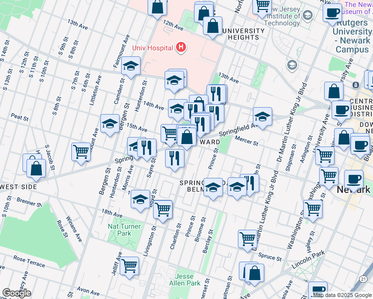 map of restaurants, bars, coffee shops, grocery stores, and more near 18 Irvine Turner Boulevard in Newark