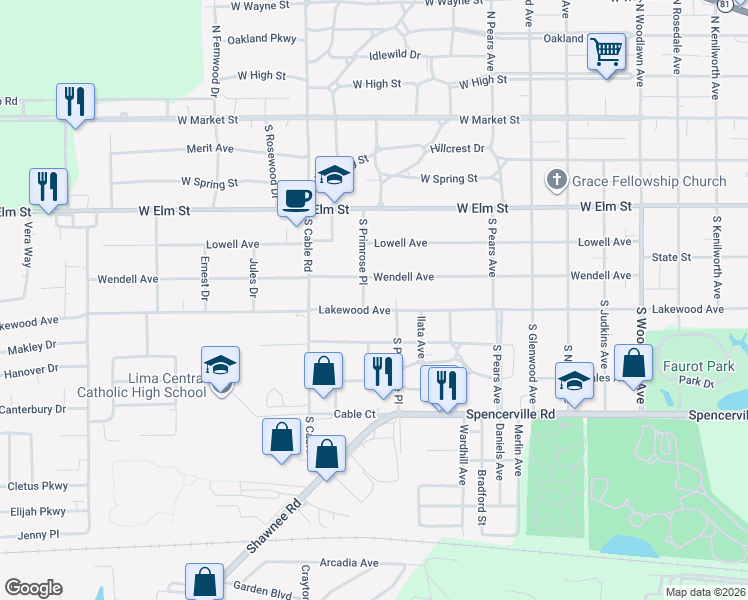map of restaurants, bars, coffee shops, grocery stores, and more near 2406 Lakewood Ave in Lima