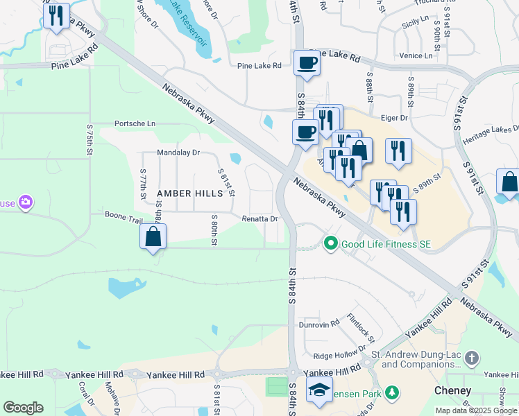 map of restaurants, bars, coffee shops, grocery stores, and more near 8360 Renatta Drive in Lincoln