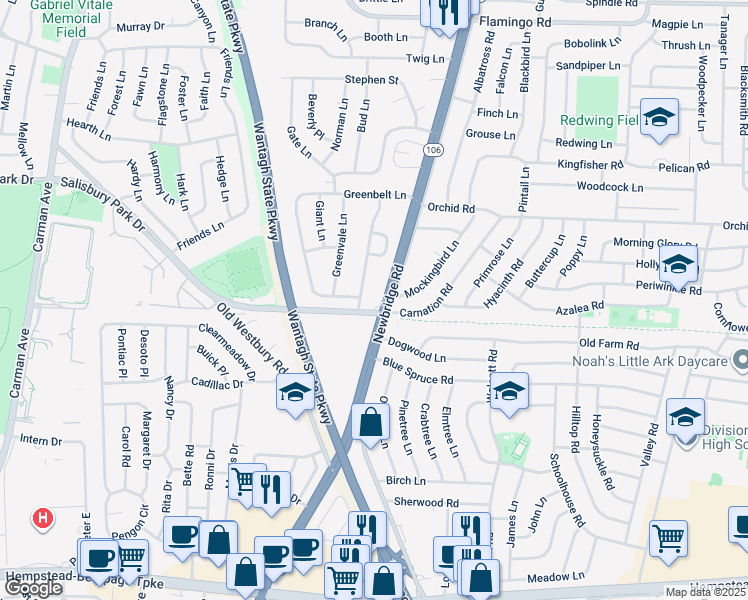 map of restaurants, bars, coffee shops, grocery stores, and more near 257 North Newbridge Road in Levittown