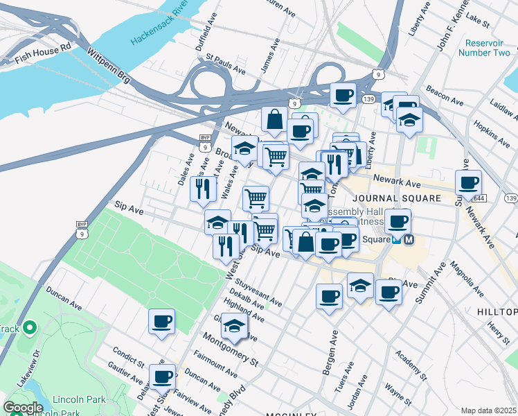 map of restaurants, bars, coffee shops, grocery stores, and more near 1015 County Road 641 in Jersey City