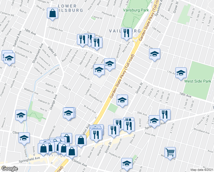 map of restaurants, bars, coffee shops, grocery stores, and more near 22 Delmar Place in Irvington