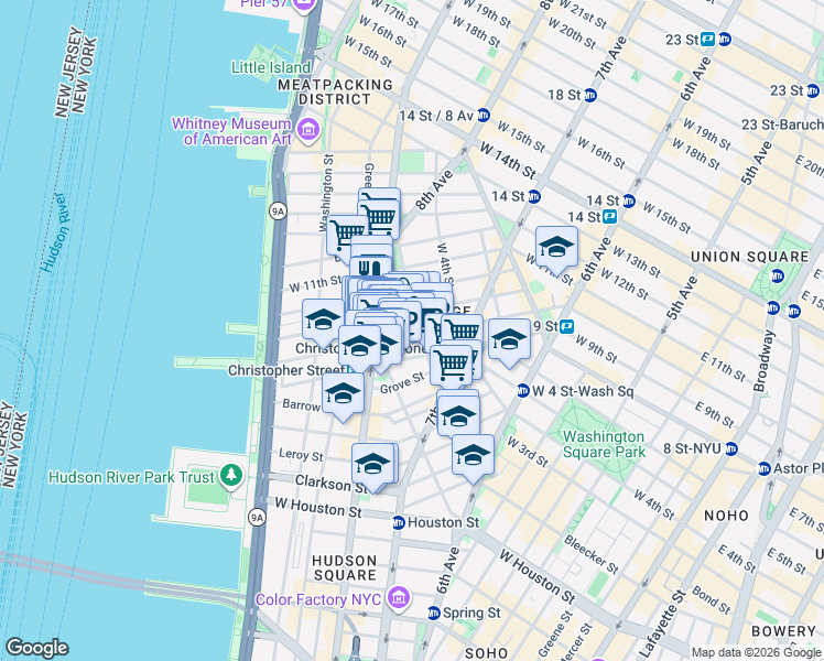 map of restaurants, bars, coffee shops, grocery stores, and more near 350 Bleecker Street in New York