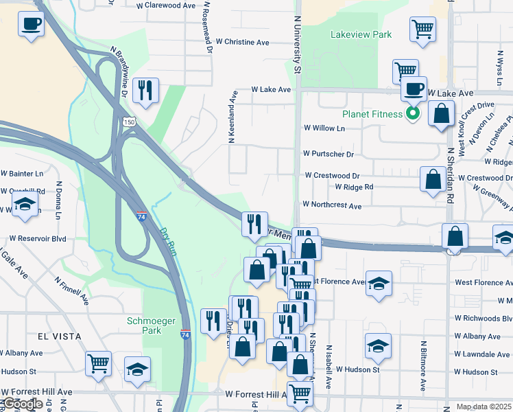 map of restaurants, bars, coffee shops, grocery stores, and more near 3900 North Stable Court in Peoria
