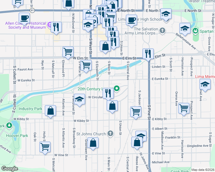 map of restaurants, bars, coffee shops, grocery stores, and more near 522 South Main Street in Lima