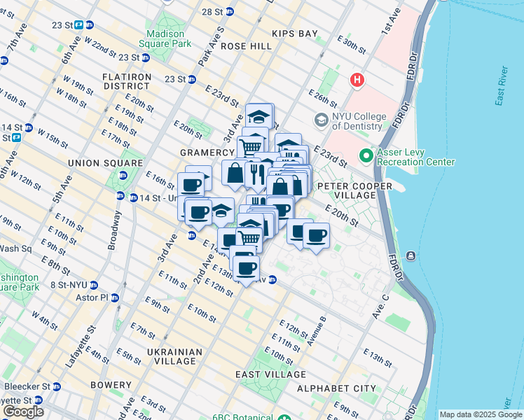 map of restaurants, bars, coffee shops, grocery stores, and more near 326 East 18th Street in New York