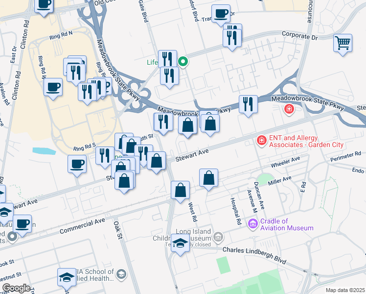 map of restaurants, bars, coffee shops, grocery stores, and more near 821 Stewart Avenue in Garden City