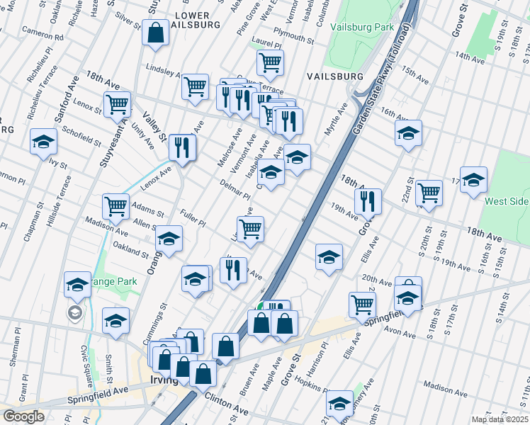 map of restaurants, bars, coffee shops, grocery stores, and more near 47 Delmar Place in Irvington