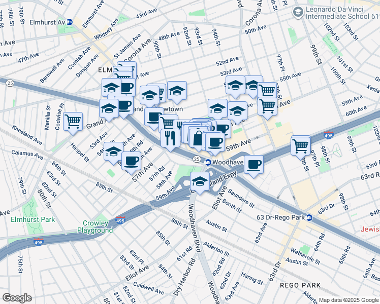map of restaurants, bars, coffee shops, grocery stores, and more near 90-15 Queens Boulevard in Queens