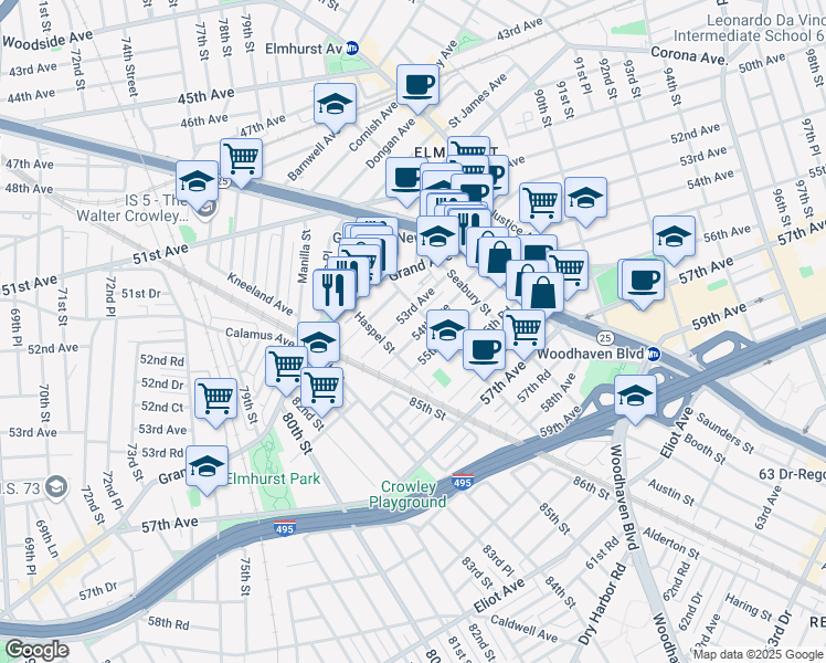 map of restaurants, bars, coffee shops, grocery stores, and more near 85-27 54th Avenue in Queens