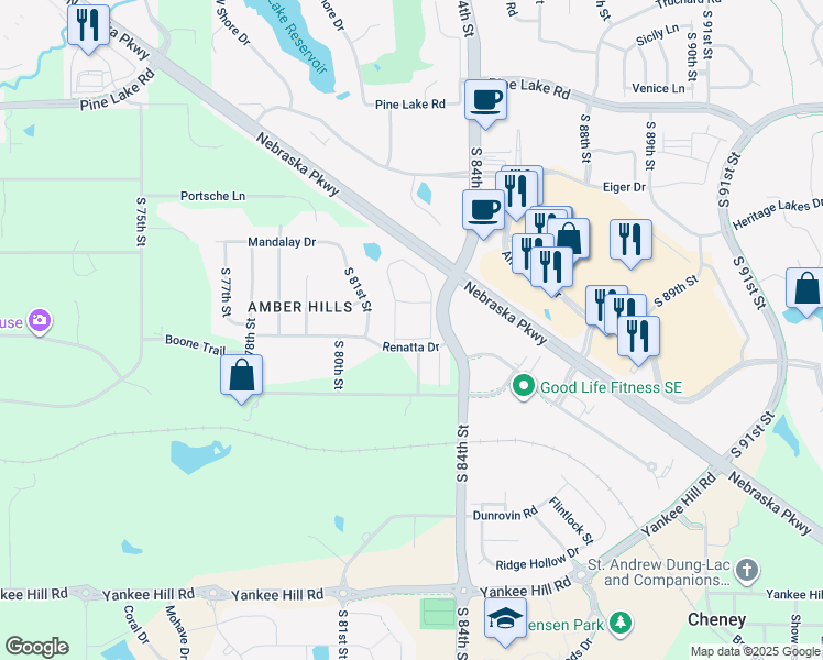 map of restaurants, bars, coffee shops, grocery stores, and more near 8360 Renatta Drive in Lincoln