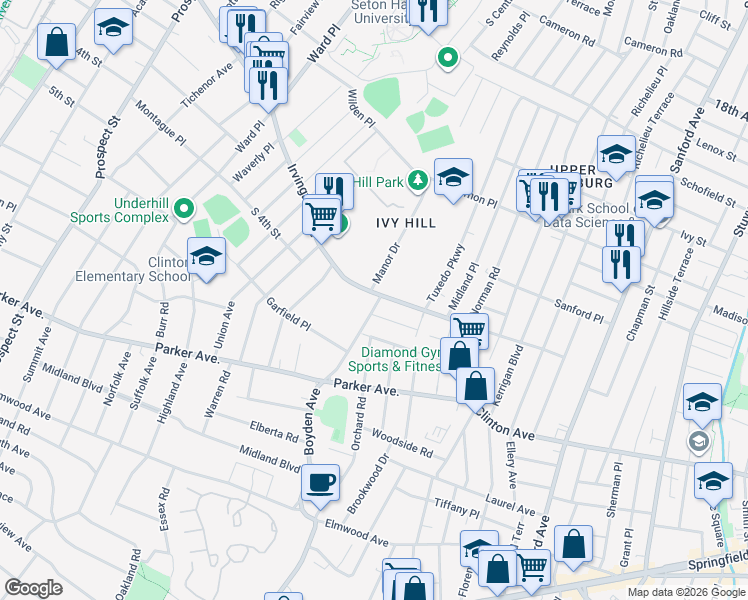 map of restaurants, bars, coffee shops, grocery stores, and more near 594 Irvington Avenue in Maplewood