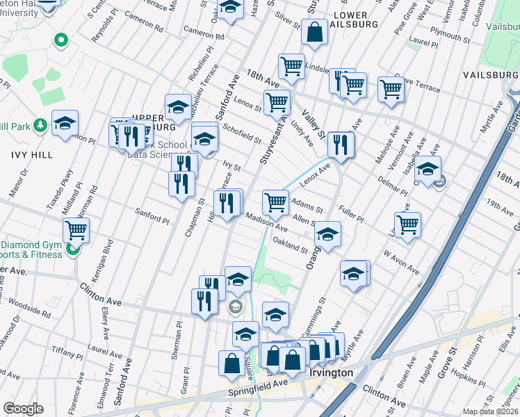 map of restaurants, bars, coffee shops, grocery stores, and more near 290 Madison Avenue in Irvington