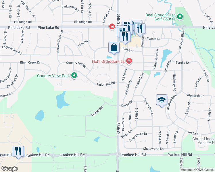 map of restaurants, bars, coffee shops, grocery stores, and more near 7615 Bayberry Place in Lincoln