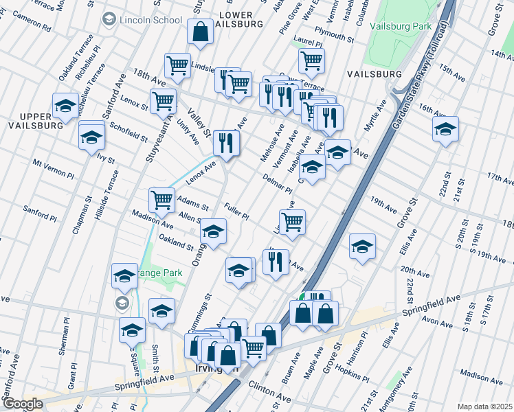 map of restaurants, bars, coffee shops, grocery stores, and more near 320 Vermont Avenue in Irvington