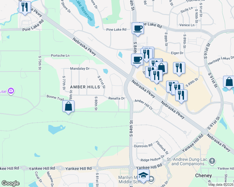 map of restaurants, bars, coffee shops, grocery stores, and more near 8300 Renatta Drive in Lincoln