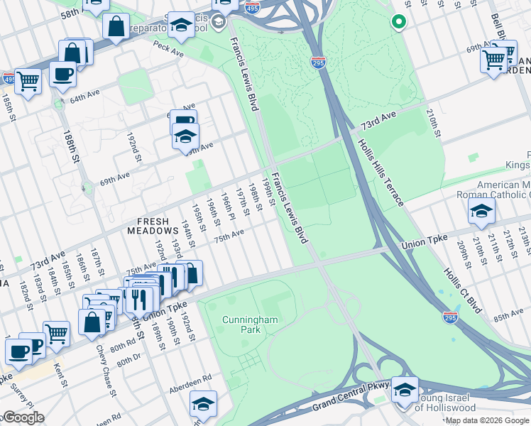 map of restaurants, bars, coffee shops, grocery stores, and more near 73-70 199th Street in Queens