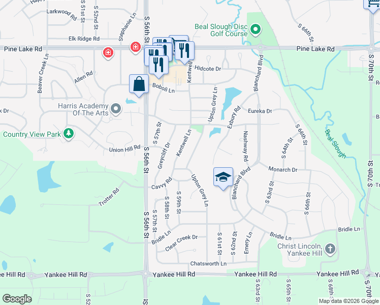 map of restaurants, bars, coffee shops, grocery stores, and more near 7627 Upton Grey Lane in Lincoln