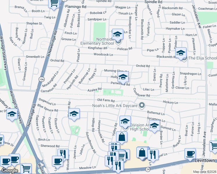 map of restaurants, bars, coffee shops, grocery stores, and more near 91 Azalea Road in Levittown