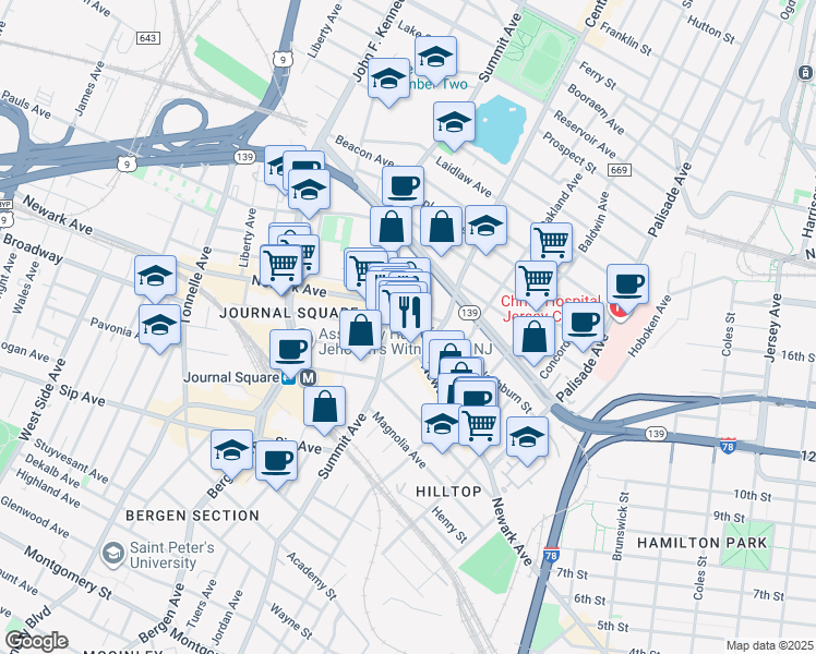 map of restaurants, bars, coffee shops, grocery stores, and more near 634 Newark Avenue in Jersey City