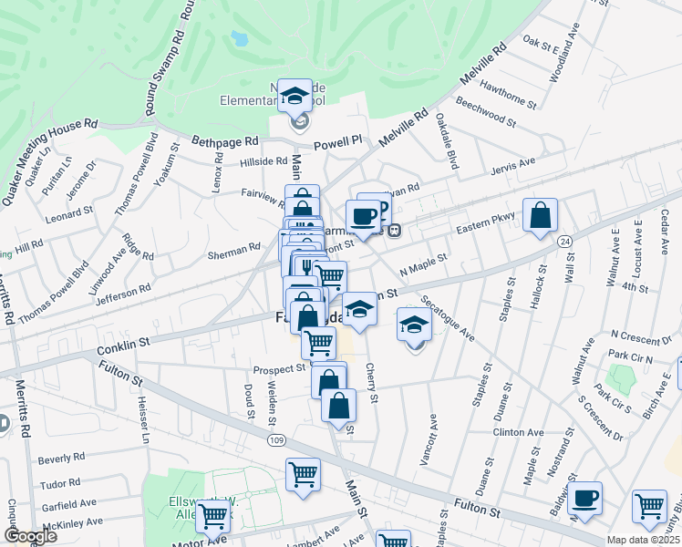 map of restaurants, bars, coffee shops, grocery stores, and more near Eastern Pkwy & Elizabeth St in Farmingdale