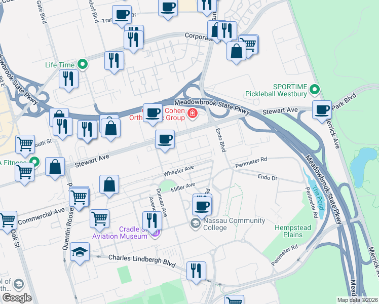 map of restaurants, bars, coffee shops, grocery stores, and more near 998 Stewart Avenue in Garden City