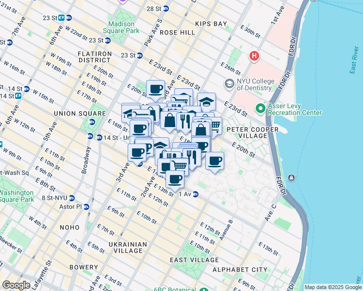 map of restaurants, bars, coffee shops, grocery stores, and more near 313 East 17th Street in New York